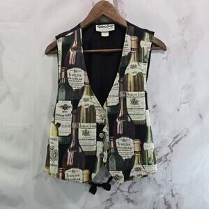 Vintage Tapestry Vest Womens Medium Wine Bottles Black Woven 90s 80s Carpet